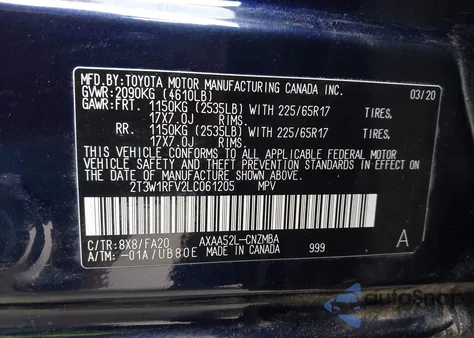 2020 Toyota Rav4 Xle из США, поврежденный, VIN 2T3W1RFV2LC061205